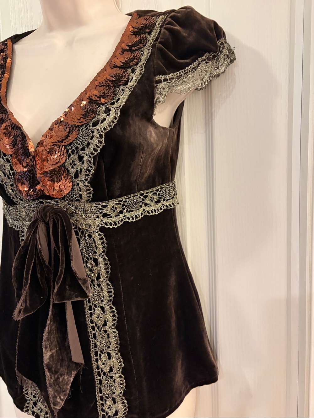 Nanette Lepore Brown Velvet Top with Copper Sequin V-Neck - Picture 5 of 12